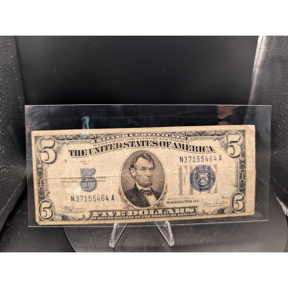 1934C $5 Silver Certificate • Misaligned Cut • Blue Seal • N37155464A